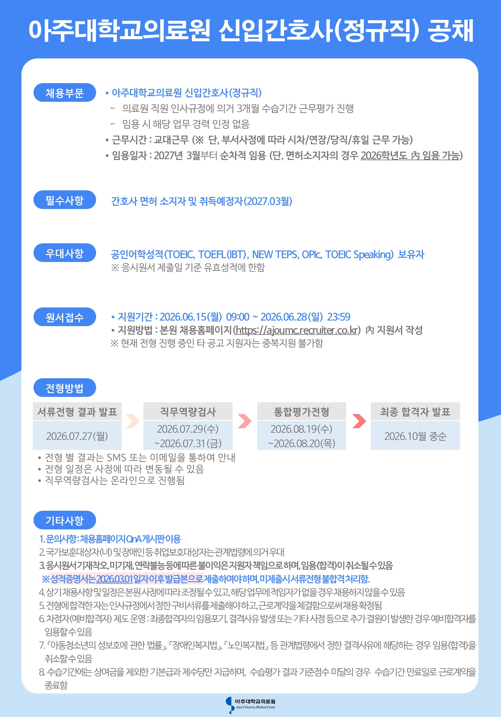 [아주대학교의료원] 신입간호사(정규직) 공채